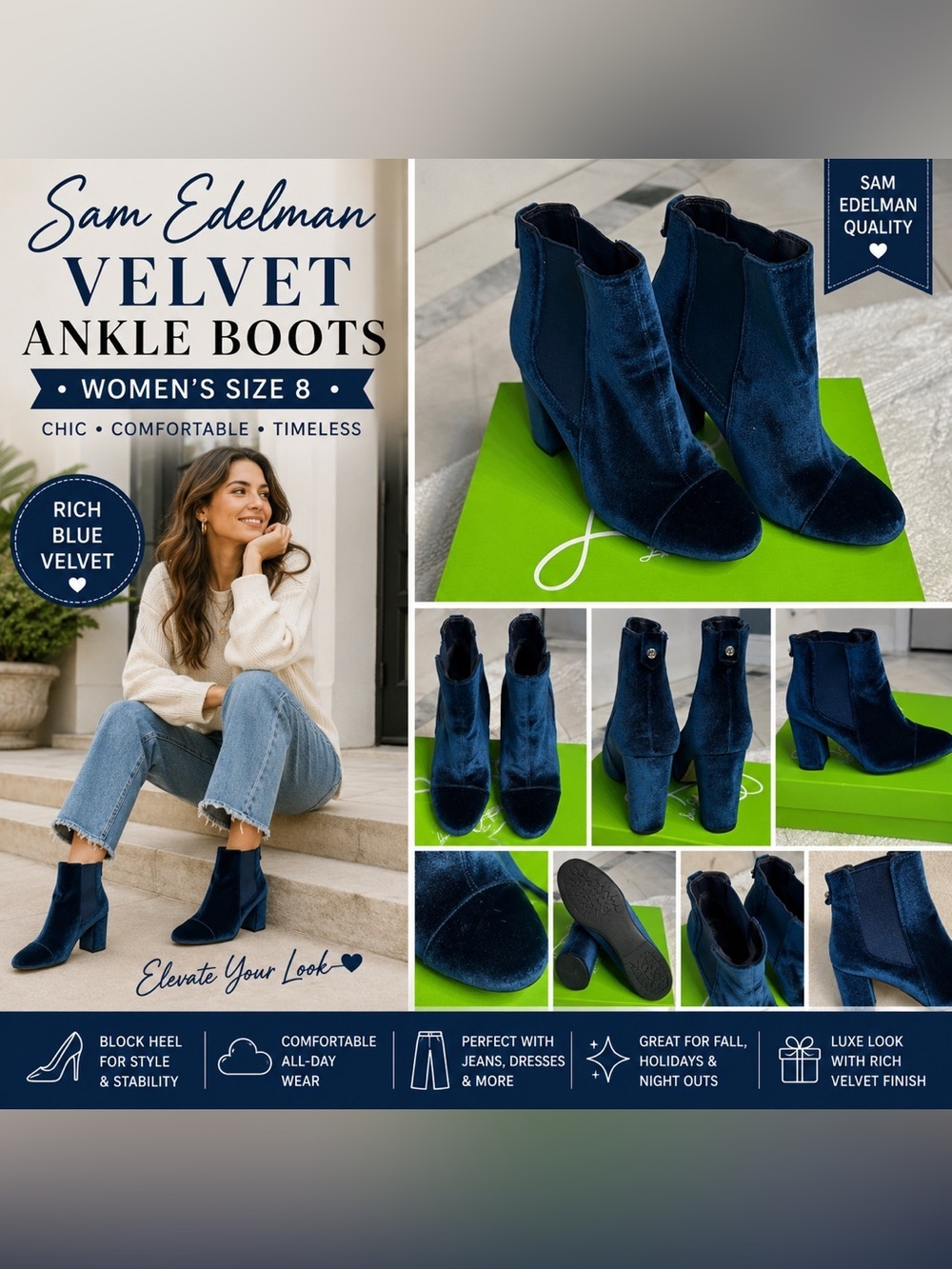 Sam Edelman Blue Velvet Ankle Booties – Women’s Size 8